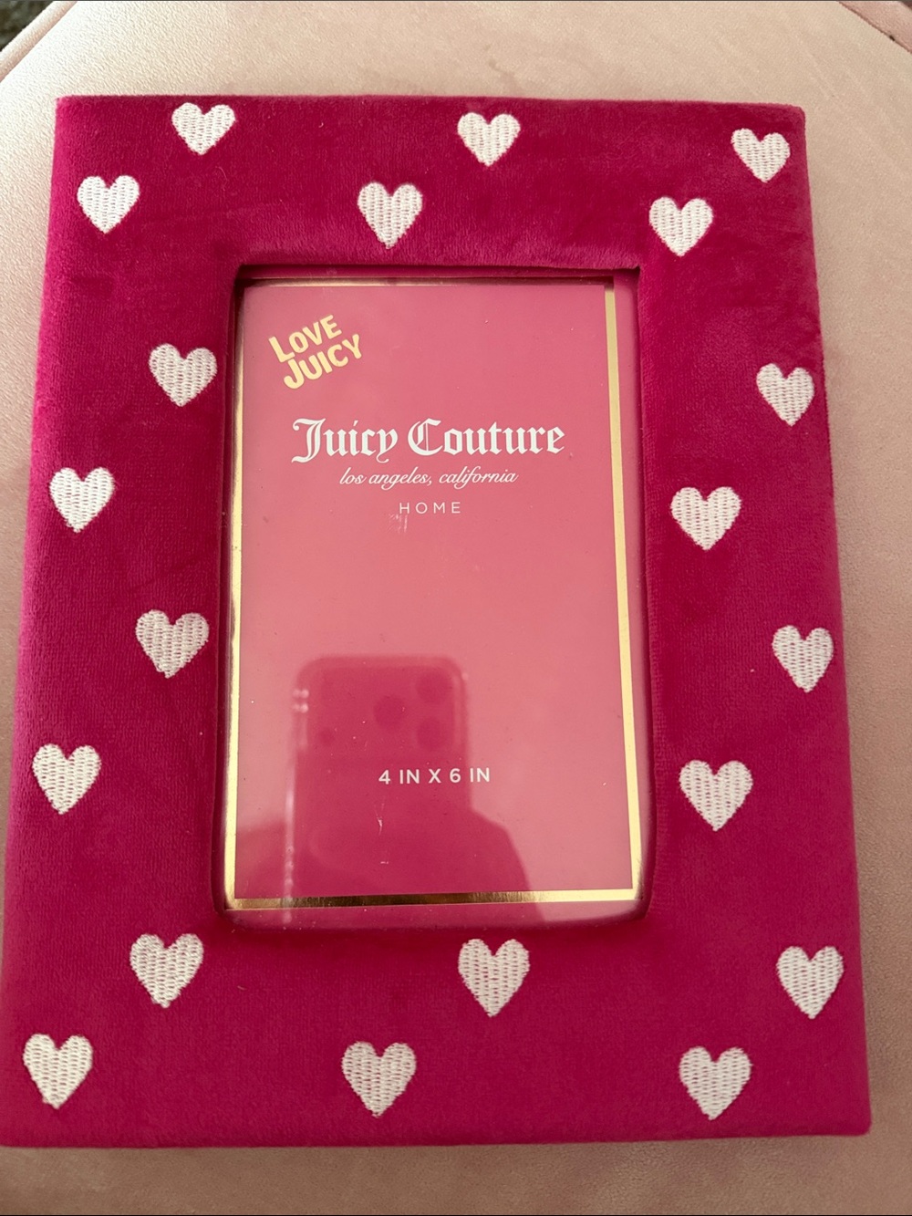 Juicy Couture Hot Pink Velvet Heart Photo Frame with Gold Trim